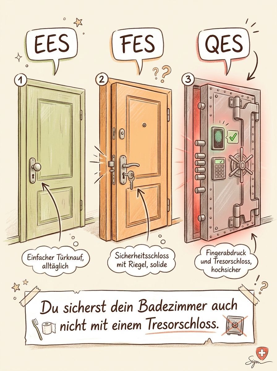 Infografik: Drei Signaturstufen in der Schweiz und EU/EWR. EES für interne Freigaben, Offerten und Bestellungen. FES für Kaufverträge, Arbeitsverträge, Mietverträge, NDAs und AGB. QES für gesetzliche Schriftform. Papier oder besondere Form bleibt bei bestimmten Geschäften Pflicht.